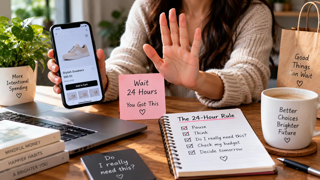 Hand pausing before completing an online shoe purchase next to a wait-24-hours reminder note