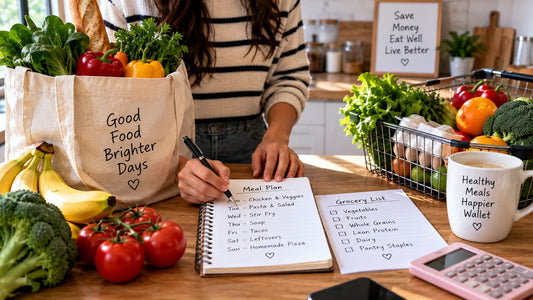 Grocery bags full of fresh produce next to a handwritten weekly meal plan and grocery list