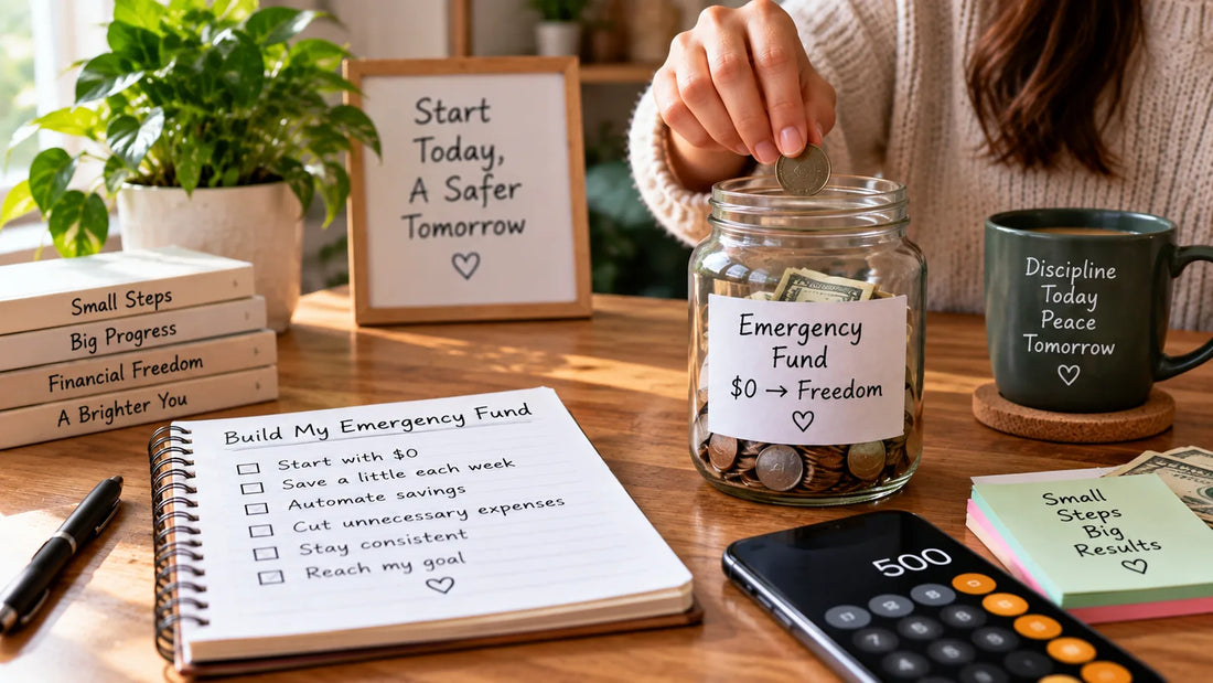 Hand placing a coin into a nearly empty jar labeled Emergency Fund from zero to freedom