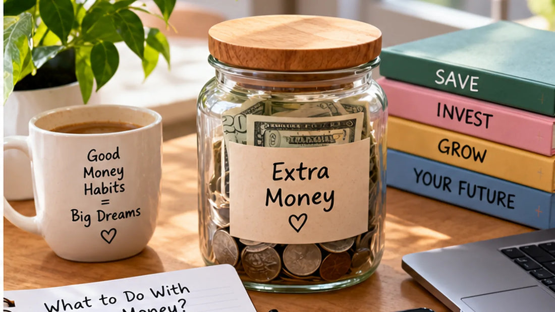 A jar labeled Extra Money filled with cash and coins next to a checklist for what to do with it