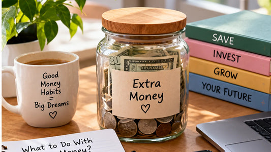 A jar labeled Extra Money filled with cash and coins next to a checklist for what to do with it