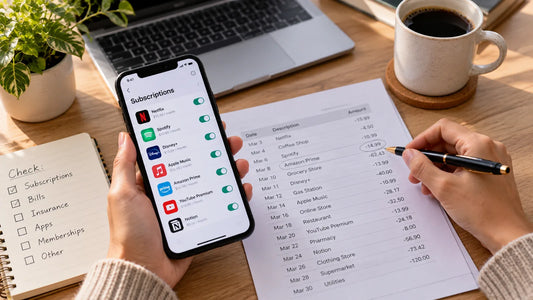 Person reviewing a phone's subscription list next to a bank statement with recurring charges circled