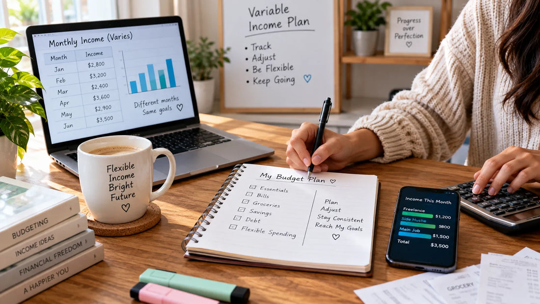Notebook budget plan next to a laptop showing a bar chart of varying monthly income