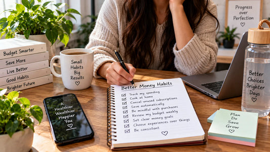 Notebook listing better money habits like tracking spending and cooking at home next to coffee