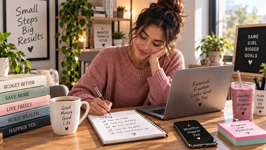 Phone, notebook, and laptop side by side on a desk representing different money tracker methods