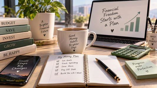 Notebook page listing monthly budget categories next to a calculator and coffee cup