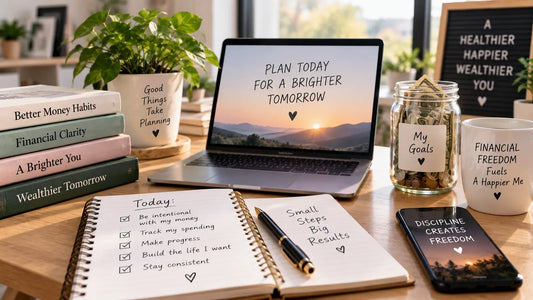 Blank monthly budget planner page with labeled sections on a desk, ready to fill in