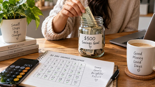 Hand adding cash to a jar labeled $500 Savings Goal next to a checked-off 30-day savings challenge tracker