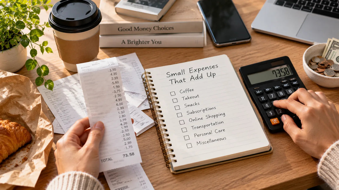 Handwritten list of small daily expenses like coffee and takeout next to a receipt, calculator, and croissant
