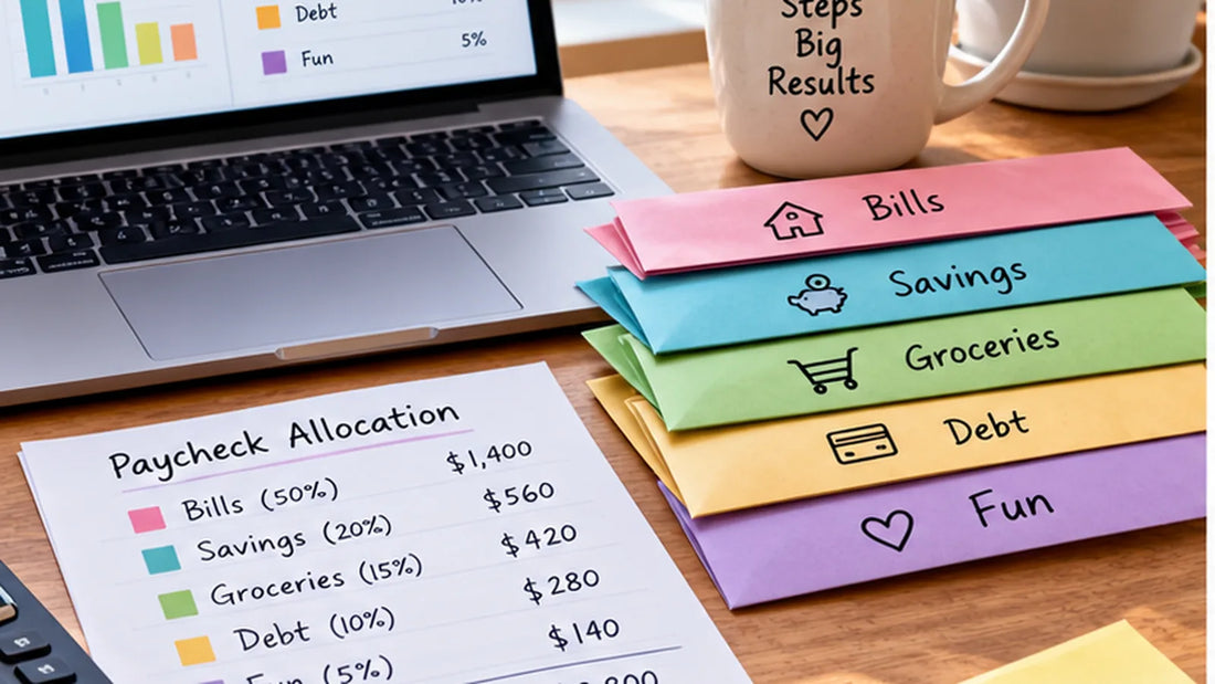 Colorful envelopes labeled Bills, Savings, Groceries, Debt, and Fun next to a paycheck allocation sheet