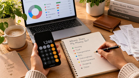 Person calculating expenses on a phone beside a laptop spending chart and a handwritten money-tracking list