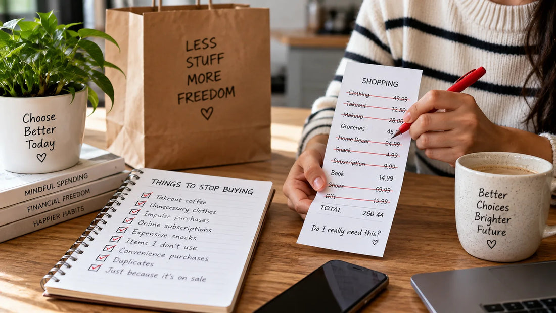 Shopping receipt with several purchases crossed out next to a things-to-stop-buying checklist