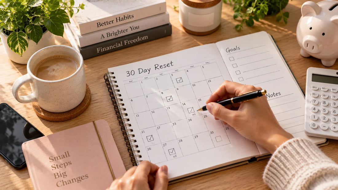Notebook page titled '30 Day Reset' with a monthly checklist calendar, coffee, and a piggy bank on a desk