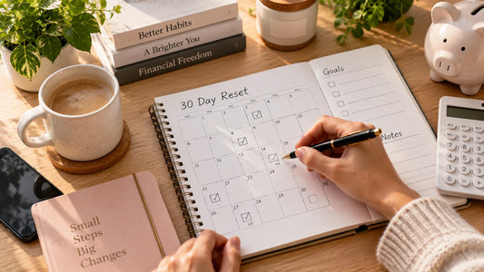 Notebook page titled '30 Day Reset' with a monthly checklist calendar, coffee, and a piggy bank on a desk