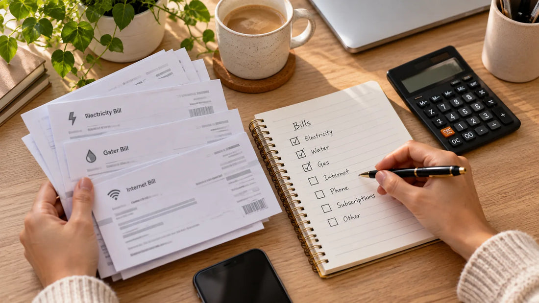 Hands sorting electricity, water, and internet bills next to a handwritten bills checklist and calculator