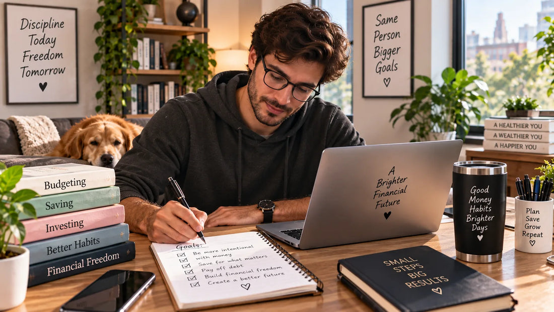 Person reviewing a short weekly checklist next to a phone showing recent transactions