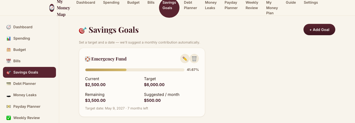 Real Savings Tracker screen