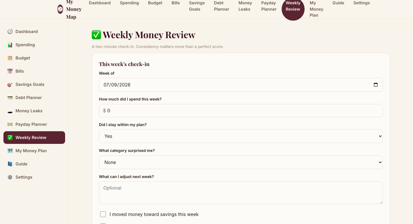 Real Weekly Money Review screen